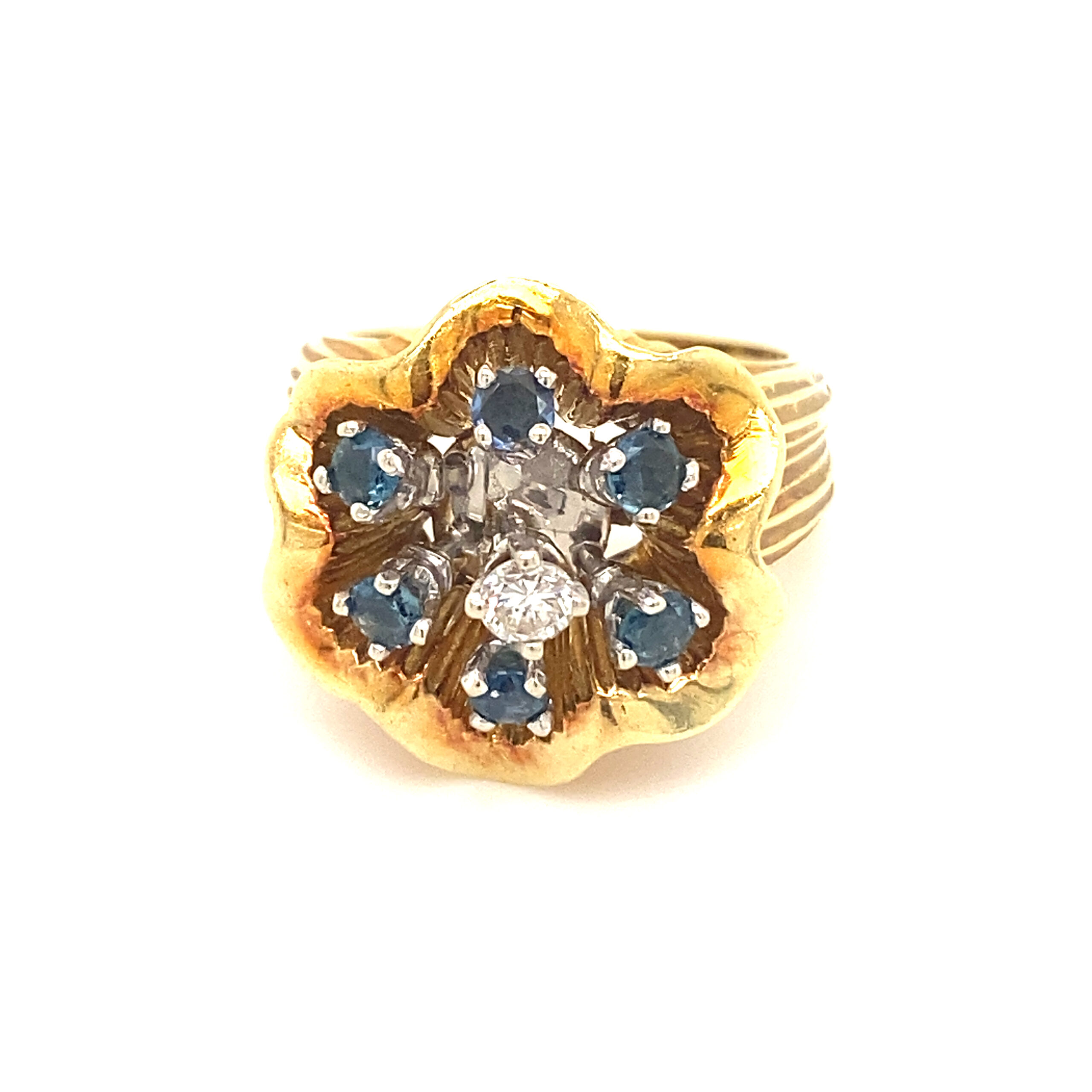 Estate 18k Flower Sapphires / Diamonds Ring