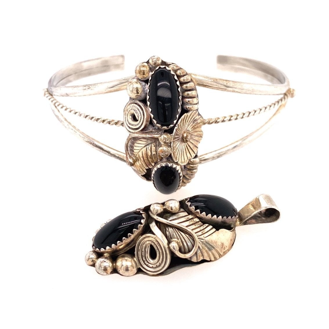 Sterling Onyx Cuff and Pendant Set