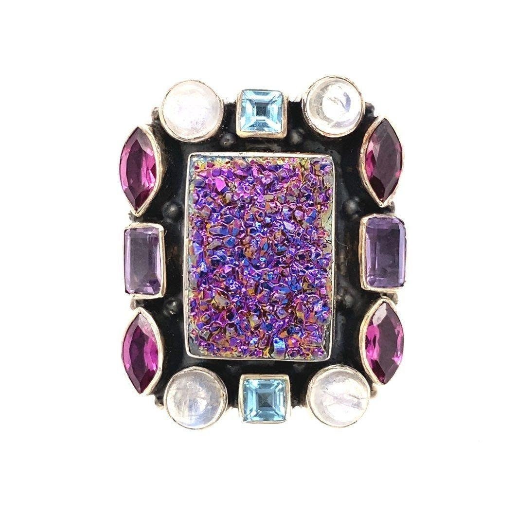 Nicky Butler 925 Square Druzy Moonstone, Topaz and Amethysts Ring