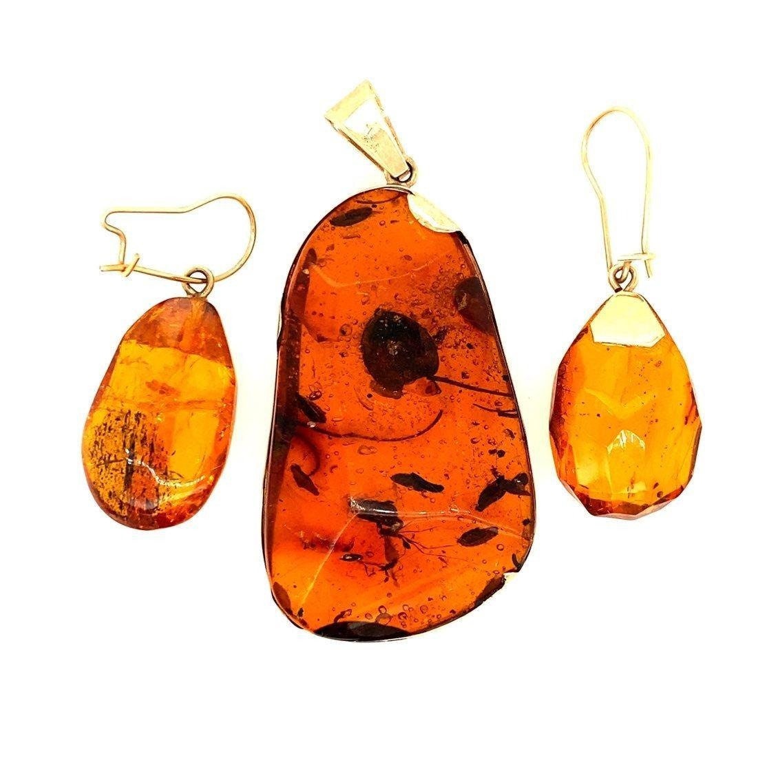 14k Amber Pendant & Earrings Set