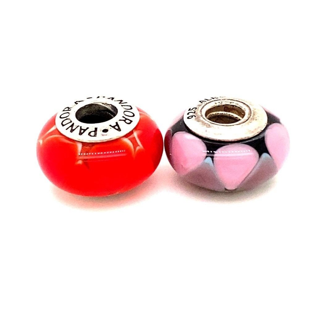 2 Pandora Red Orange and Purple Murano Charms