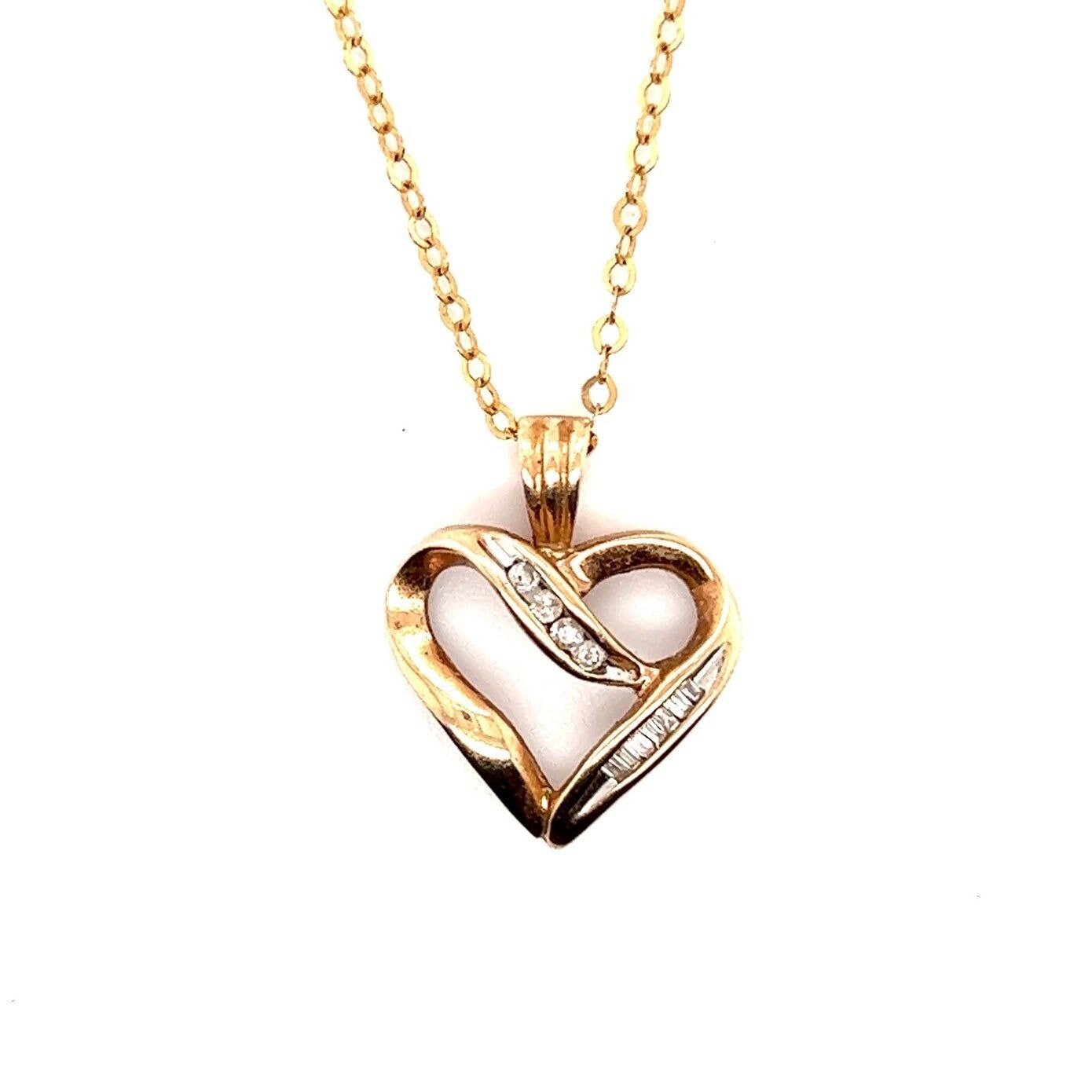 10k Round/Baguette Diamonds Heart Pendant Necklace