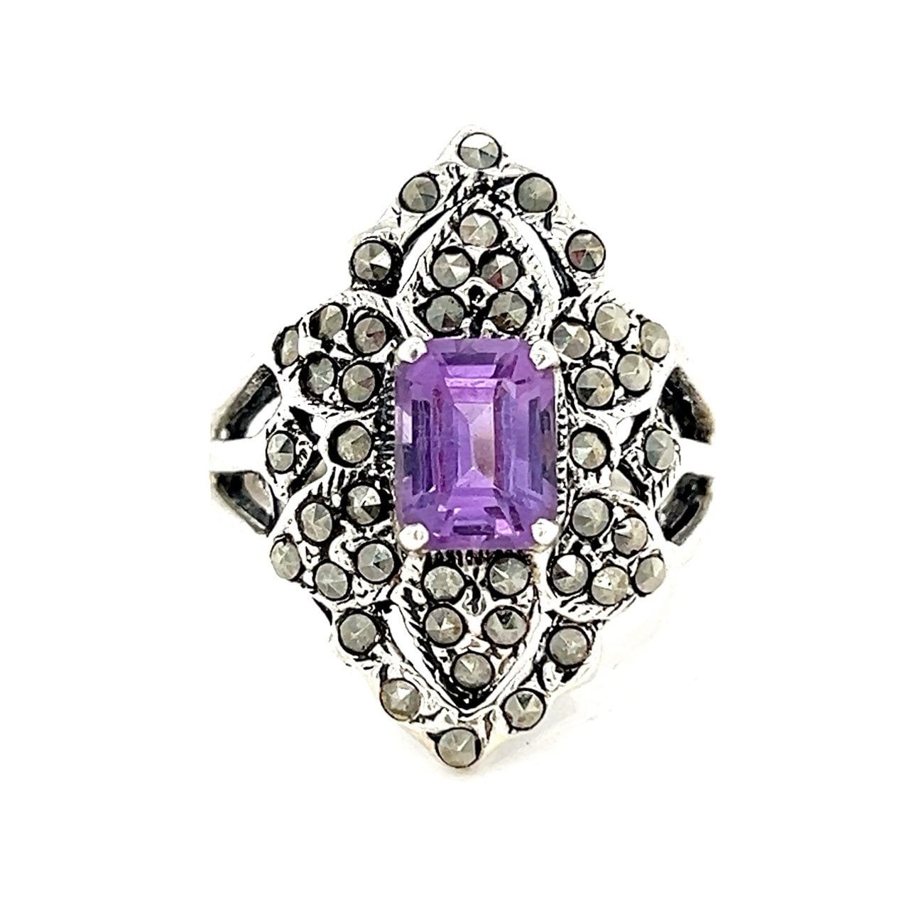 Magnificent Sterling Silver 925 Amethyst/Marcasite Ring