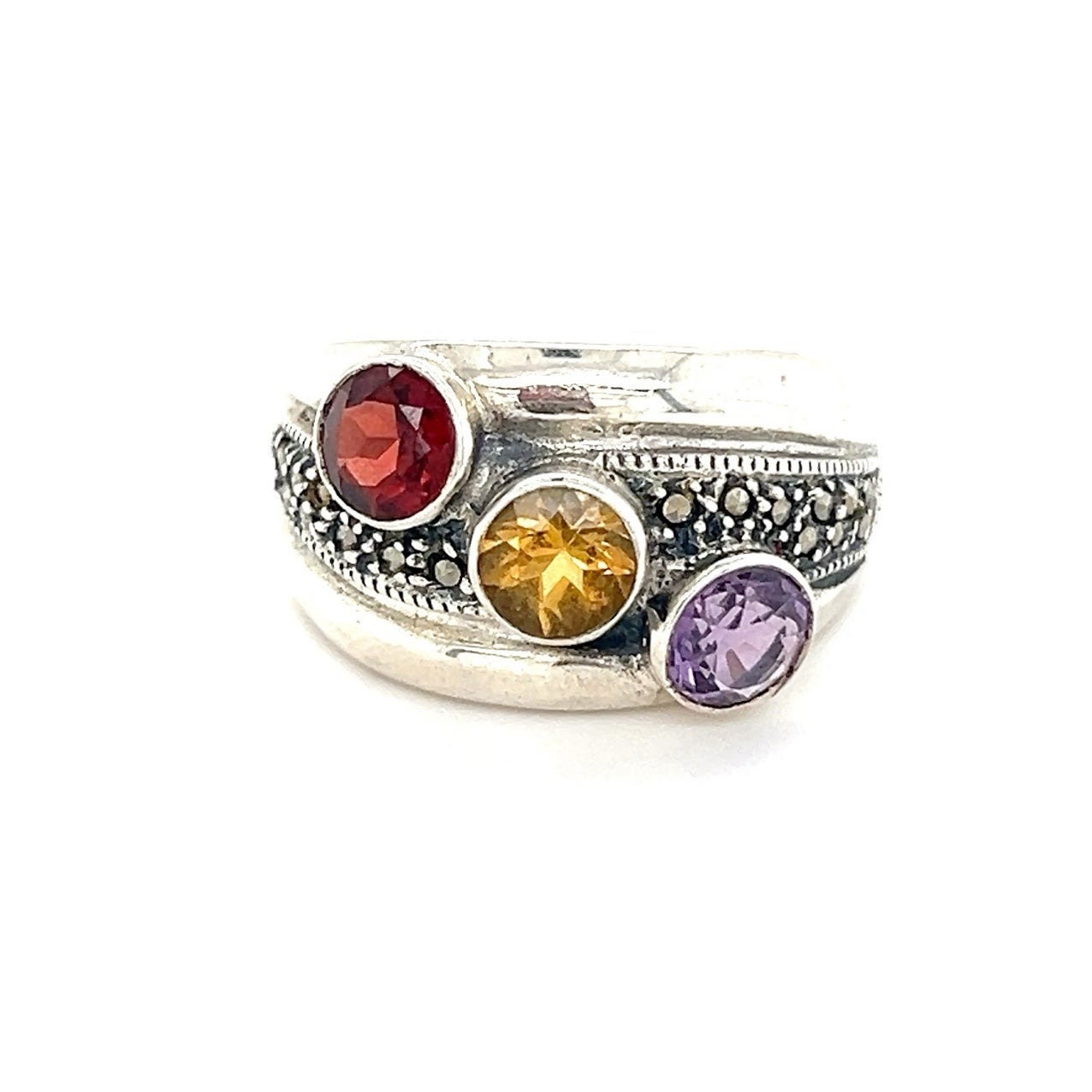 Sterling 3-Gemstones/Marcasites Ring