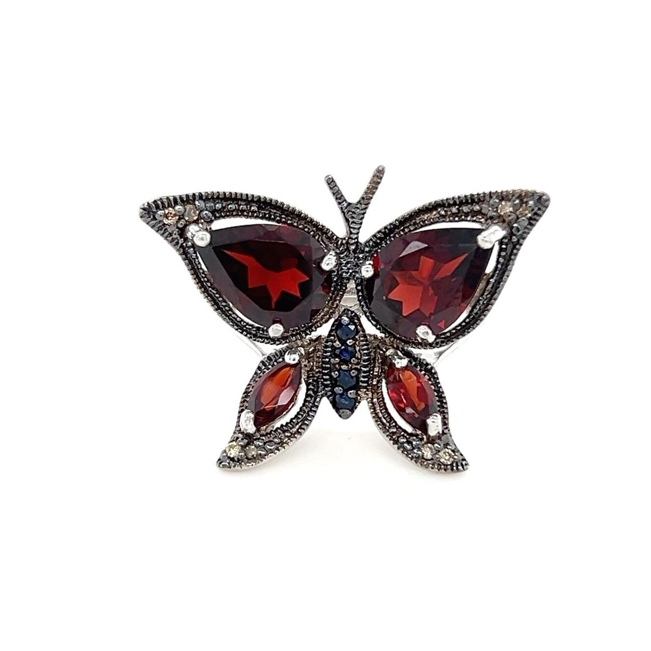 Sterling Silver 925 Red/Blue Stones Butterfly Ring