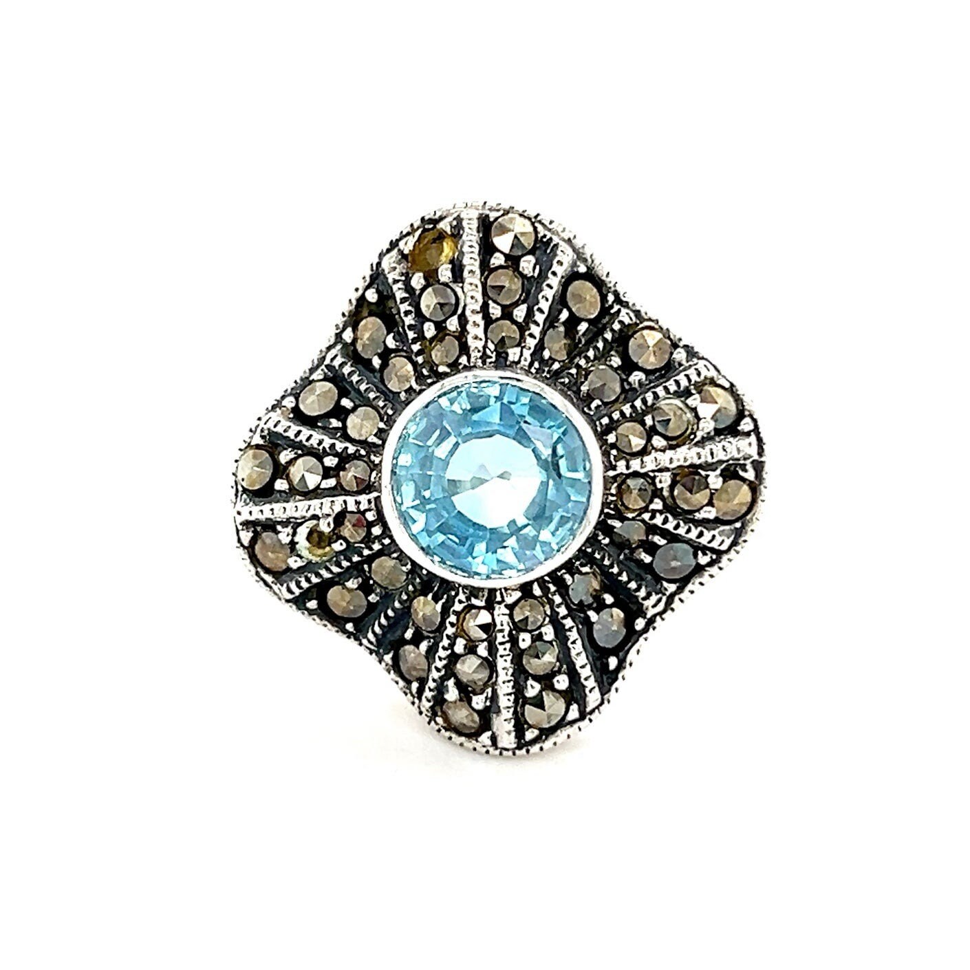 Stunning Sterling Silver Round Topaz / Marcasites Ring