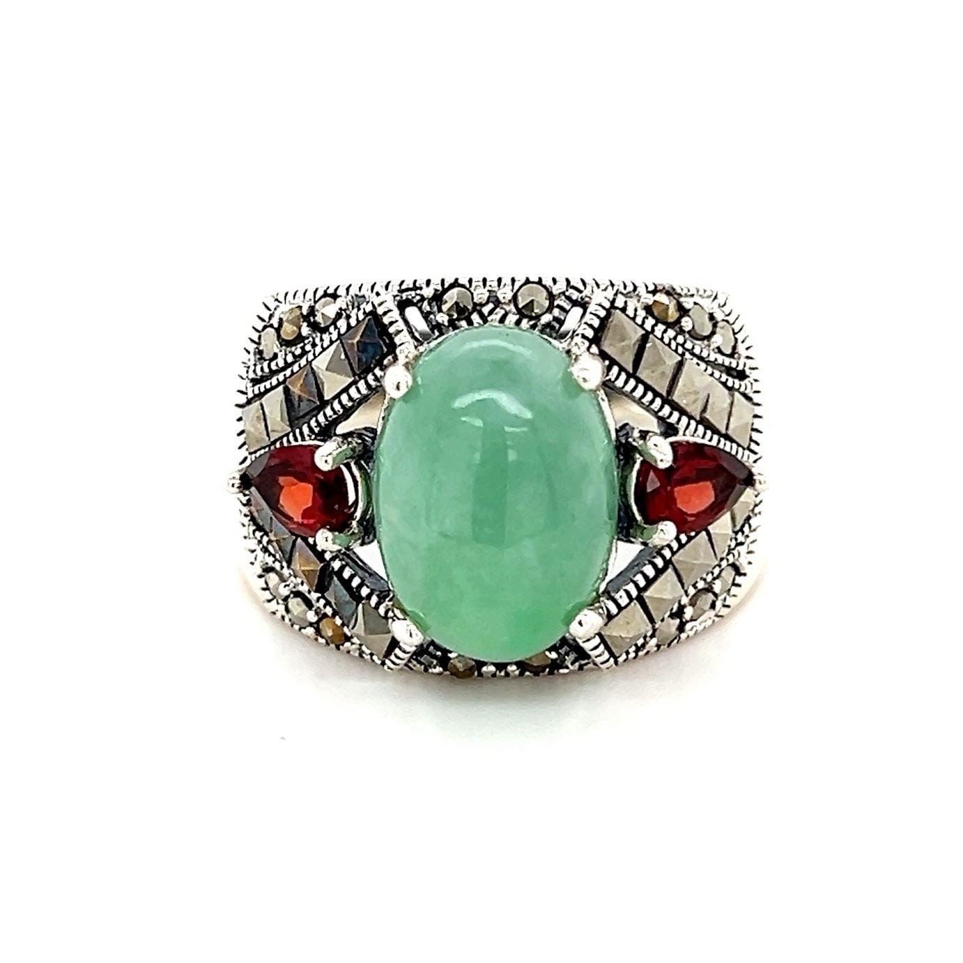Dome Sterling Silver 925 Jade/Garnet/Marcasite Ring