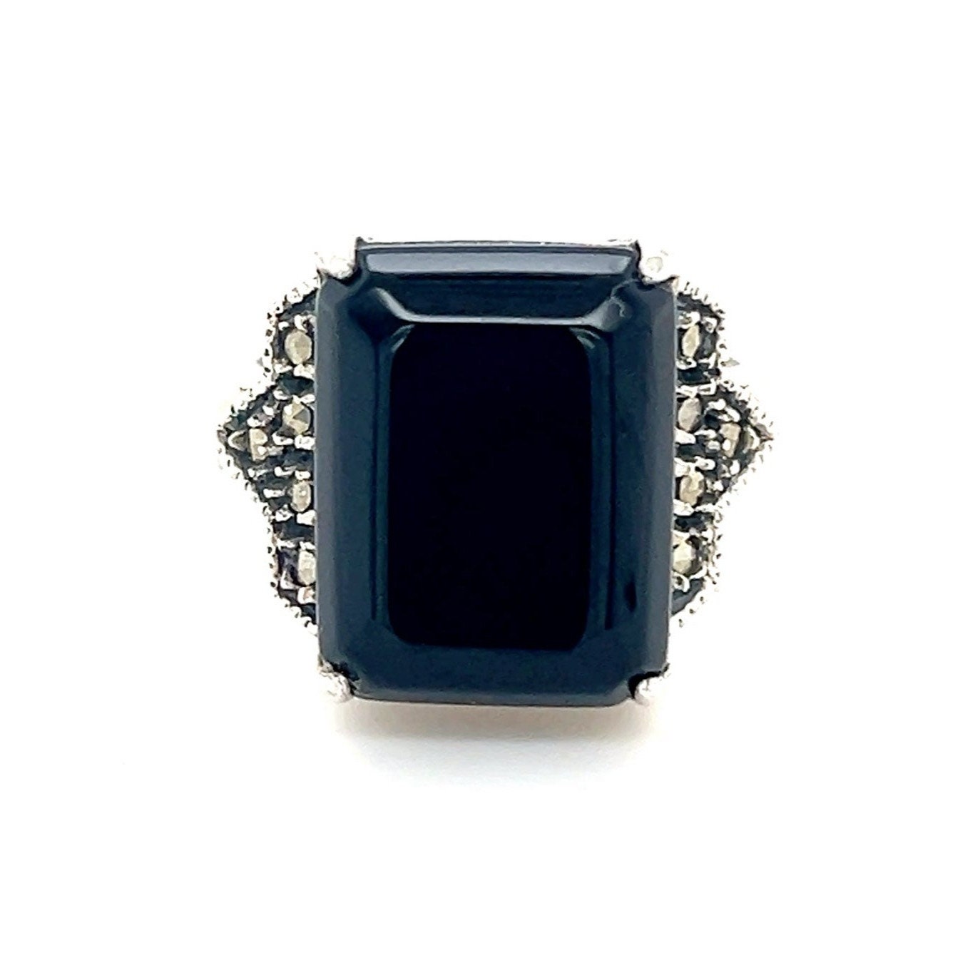 Large Rectangular Onyx/Marcasite Sterling Silver 925 Ring