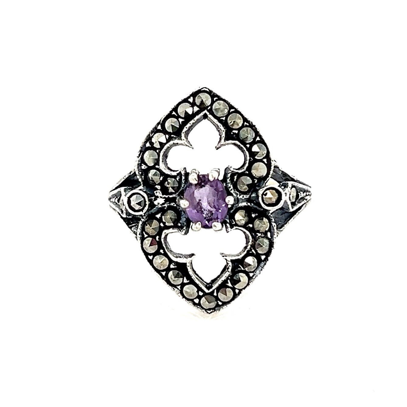 Ladies Sterling Silver Amethyst & Marcasite Ring