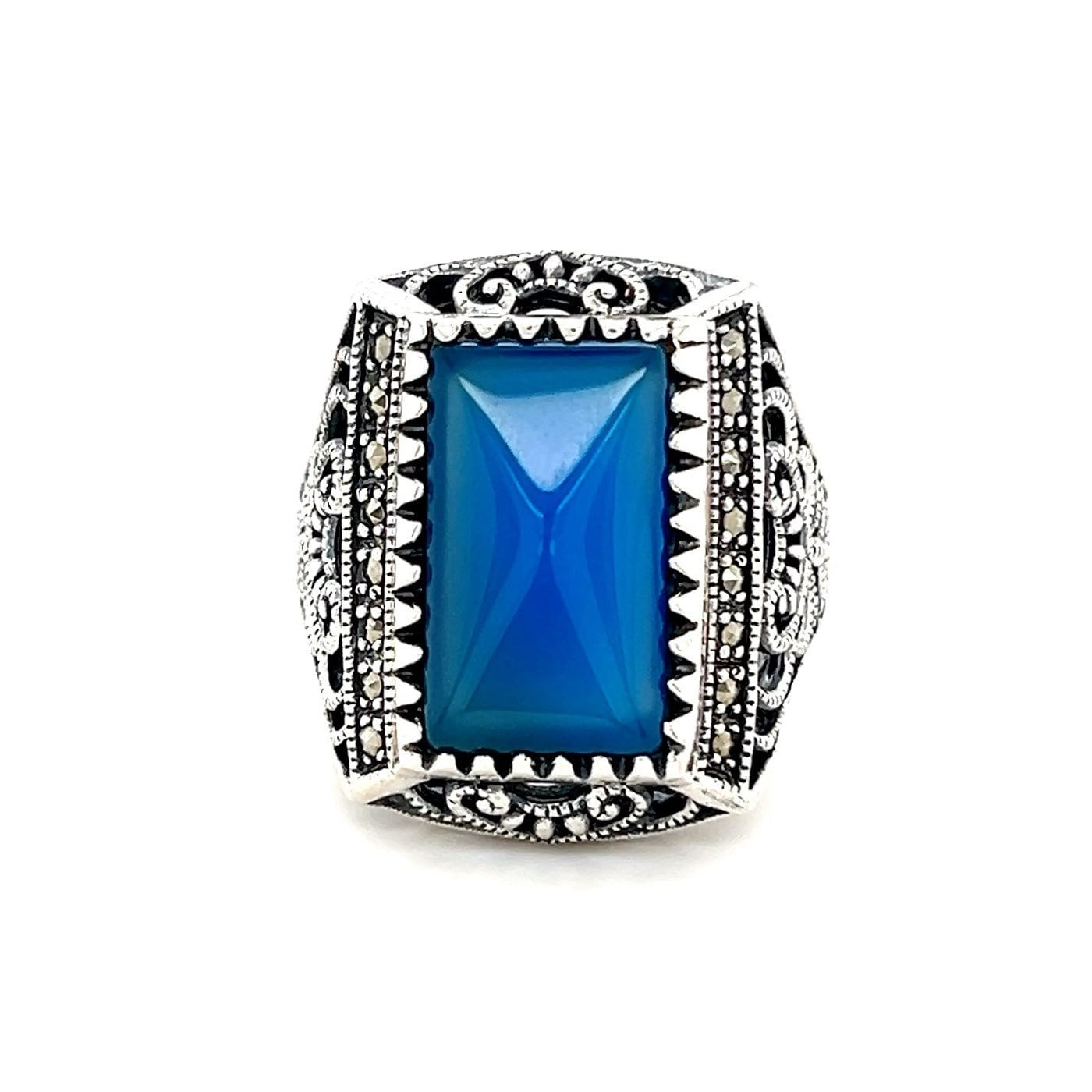 Large Sterling Silver 925 Blue Stone/Marcasite Ring