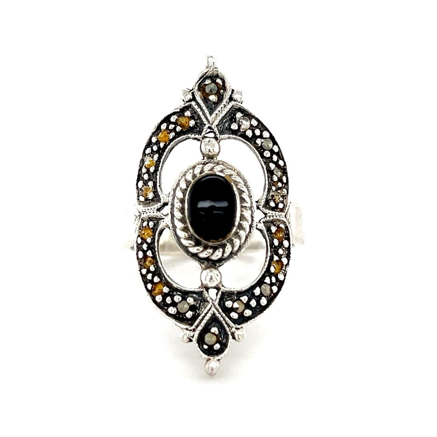 Sterling Silver 925 Pointed Shaped Marcasites/Onyx Ring