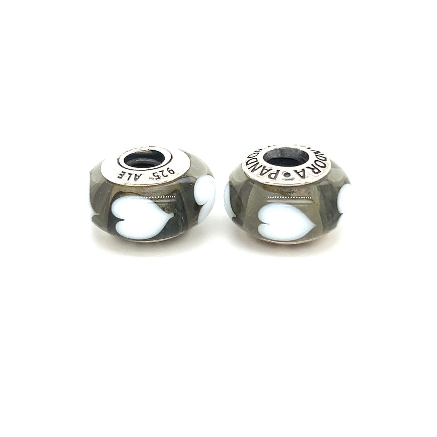 2 Pandora Gray/White Hearts Murano Glass Charms