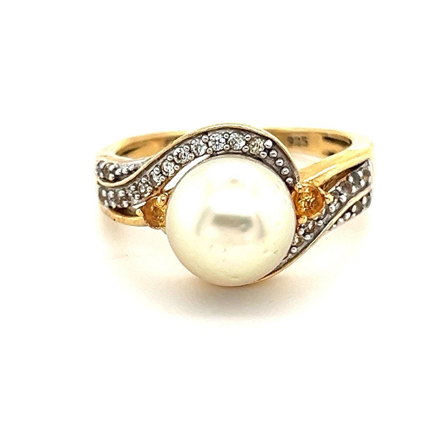 Ladies 925 Gold Vermeil Pearl/Citrine/Cz Ring