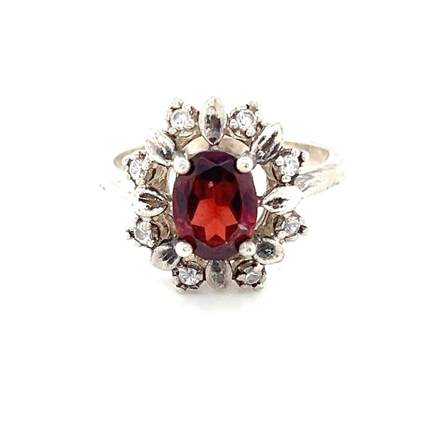 925 Silver Garnet/Cz Flower Ring