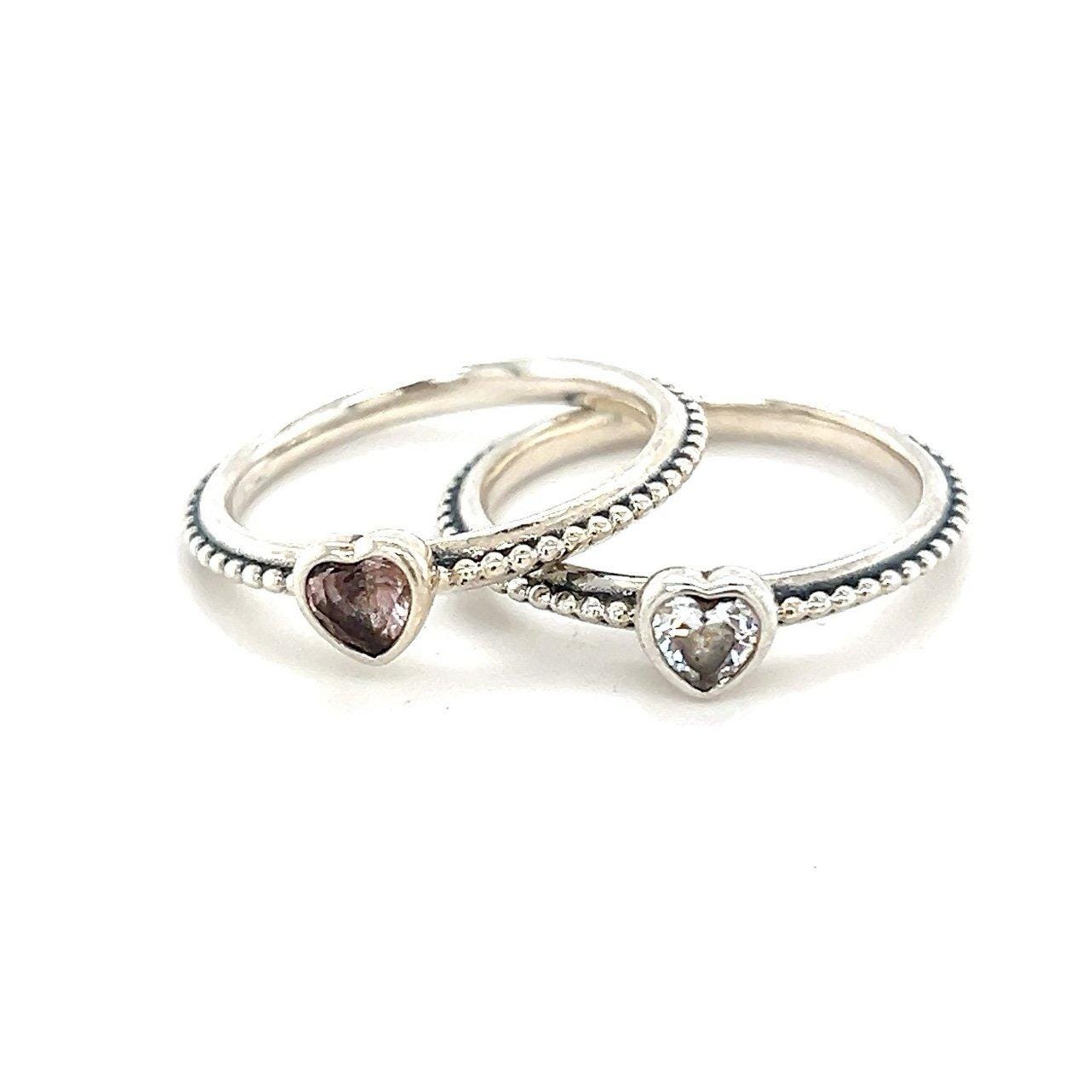 2 Pandora White/Pink Heart Cz Rings