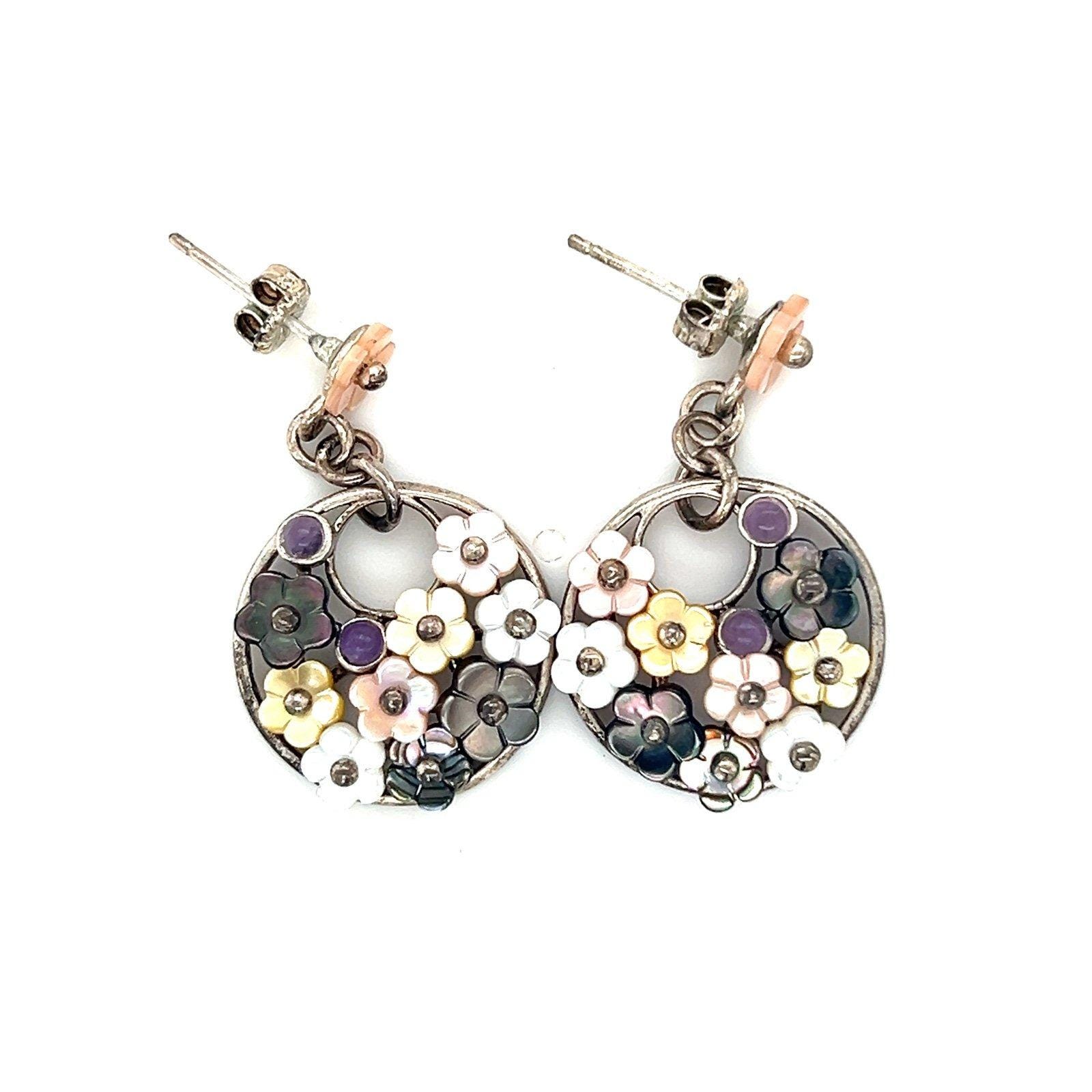 925 Silver Floral Stone Dangle Earrings