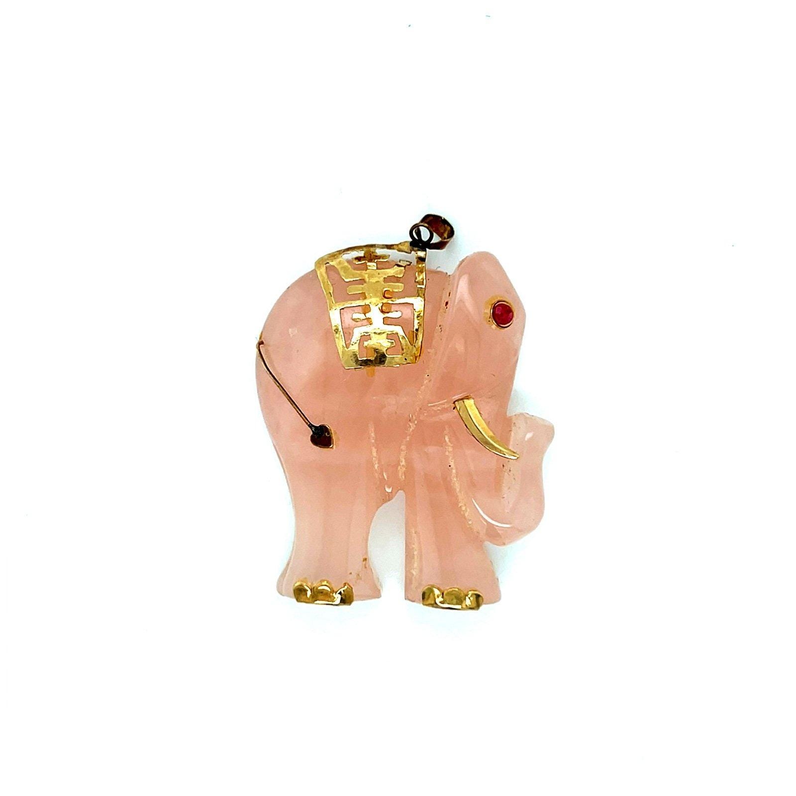 14K Gold Elephant Quartz Ruby Eye Pendant