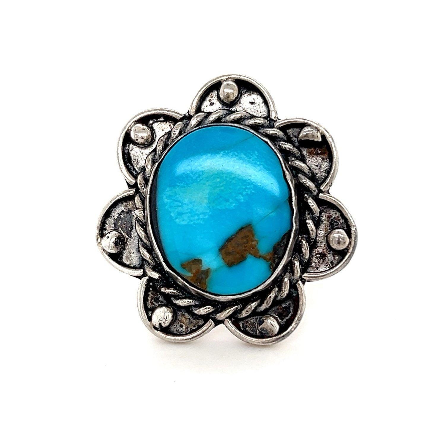 Ladies Vintage Silver Flower Turquoise Ring