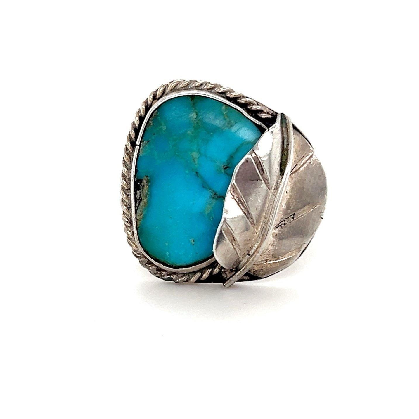Ladies Antique Silver Turquoise Leaf Ring