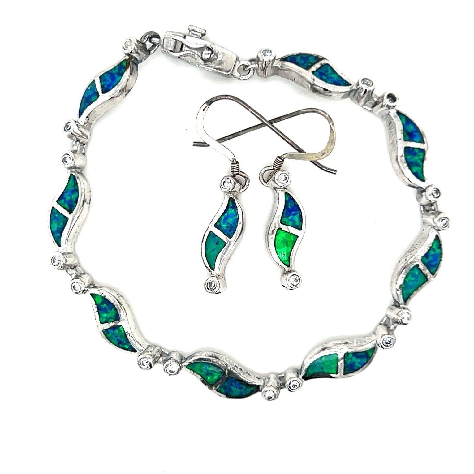 925 Silver Lab Opal/Cz Bracelet & Earrings Set