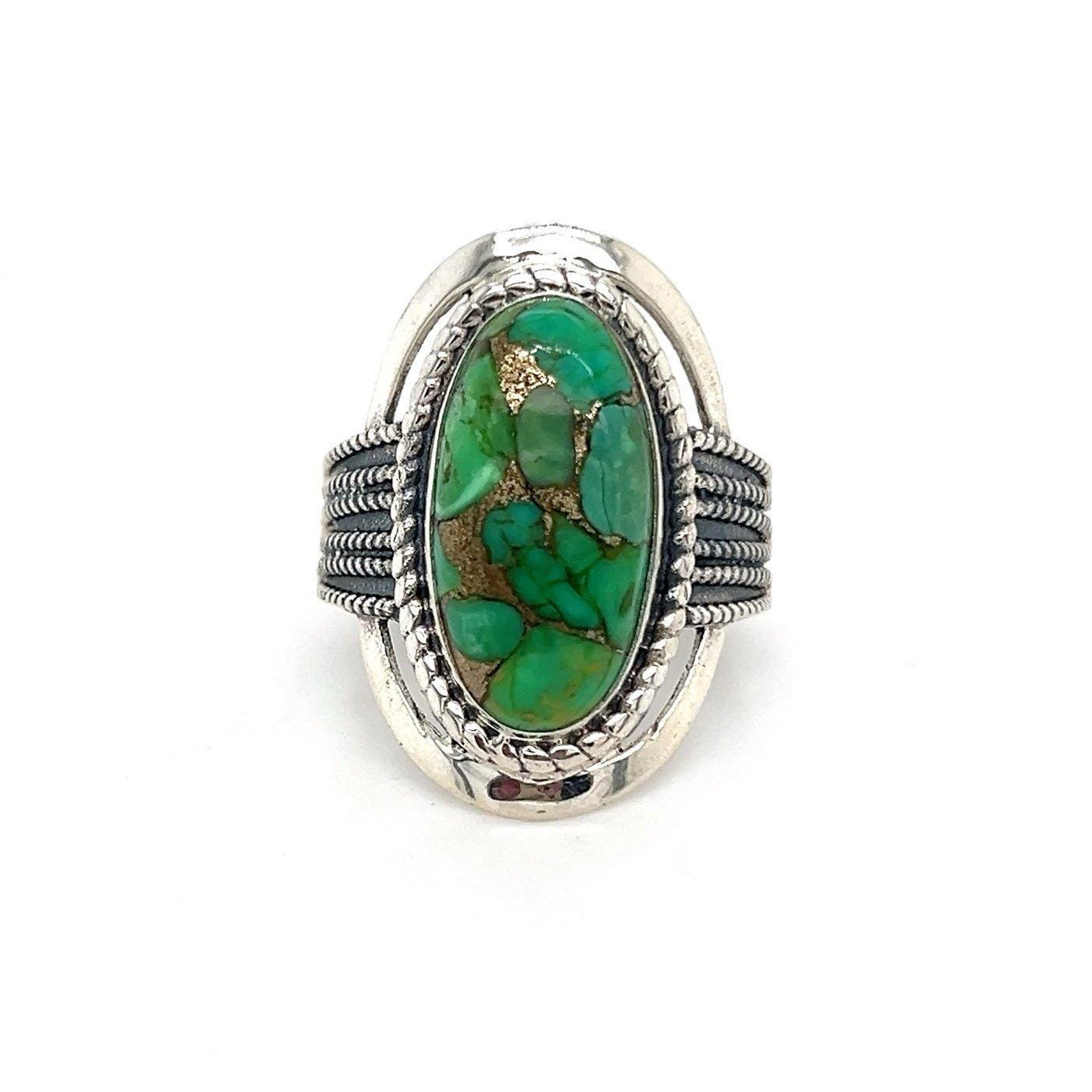 925 India Green/Gold Oval Shaped Stone Ring