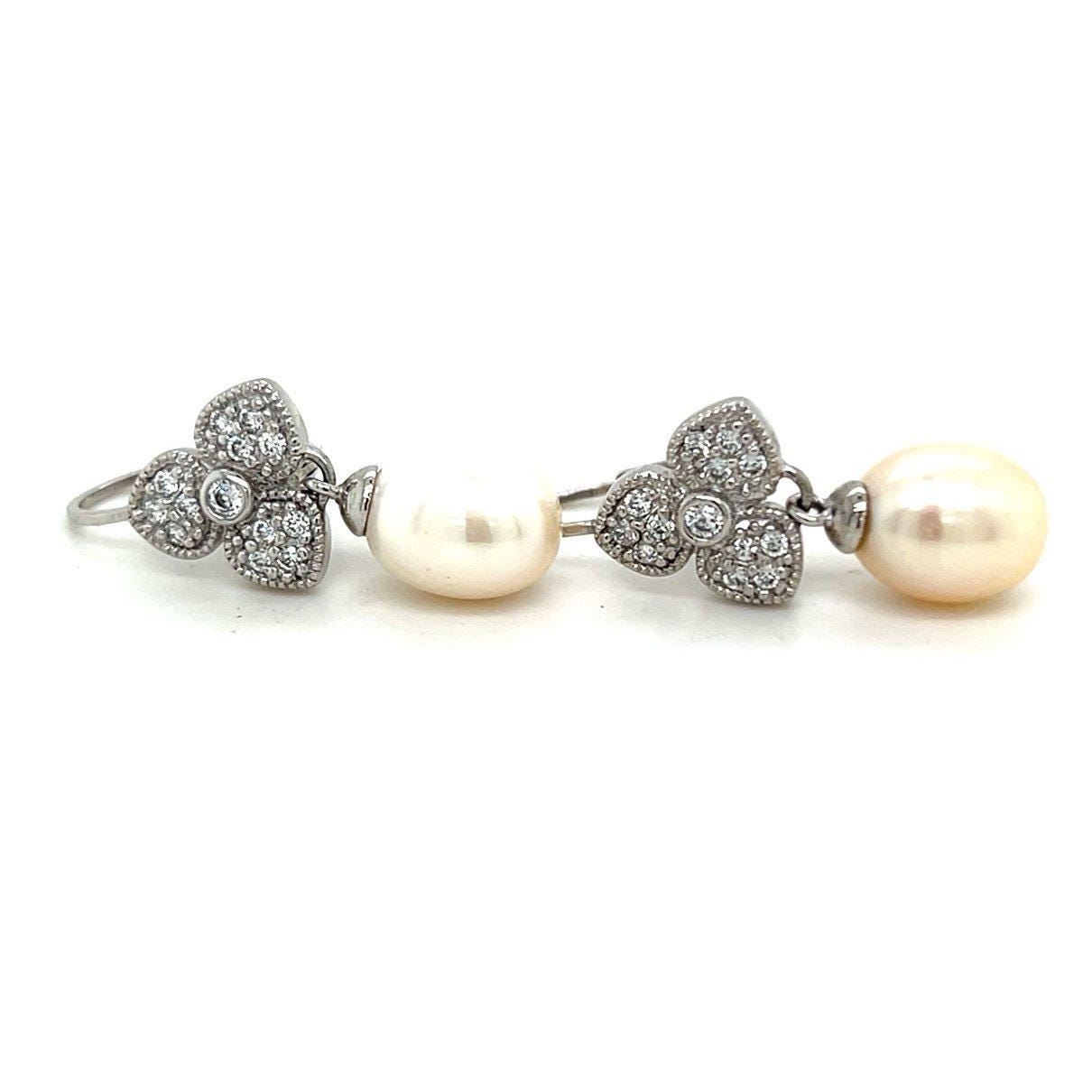 Lovely Silver 925 Pearl/Cz Drop Earrings