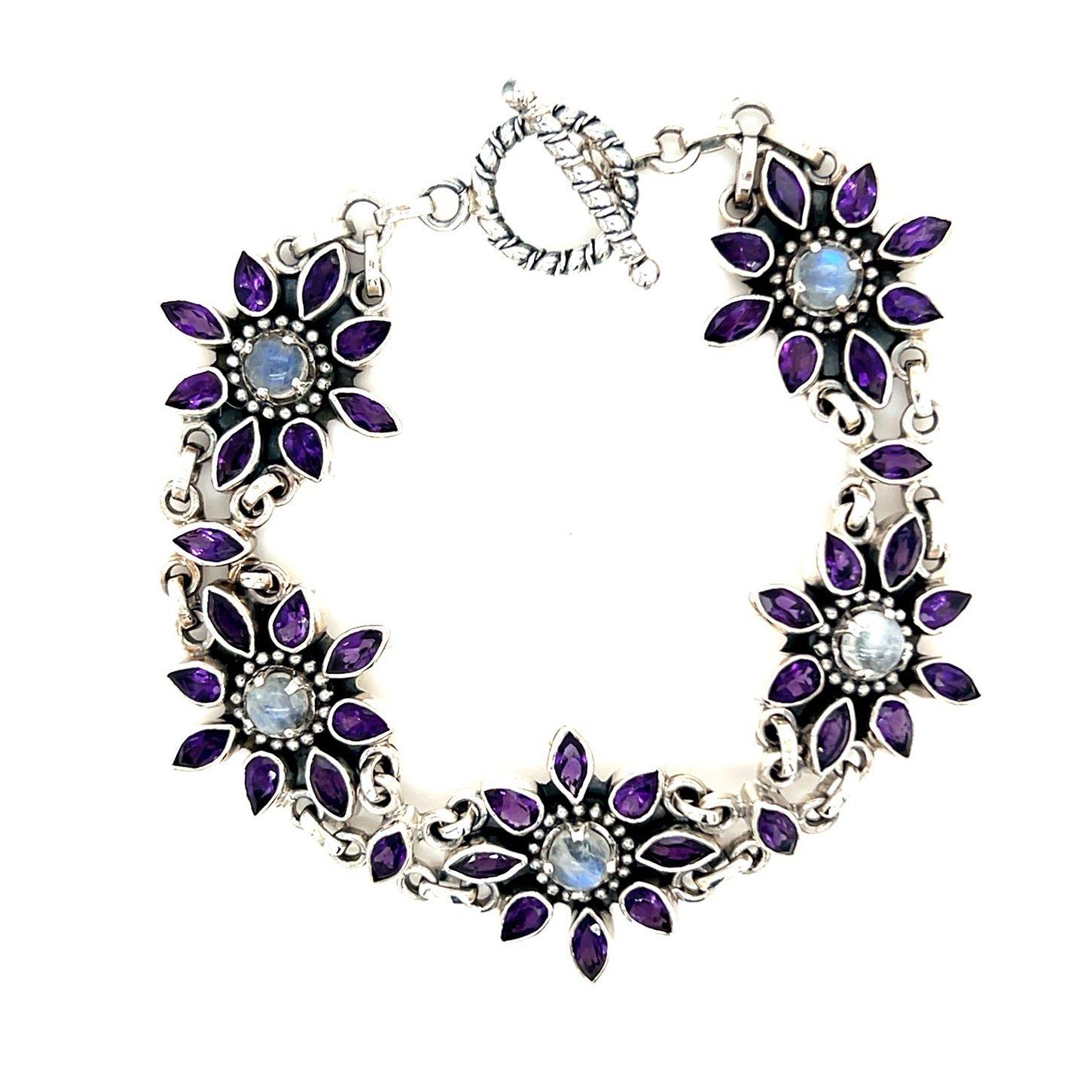 Silver Amethysts/Moonstone Floral Toggle Bracelet