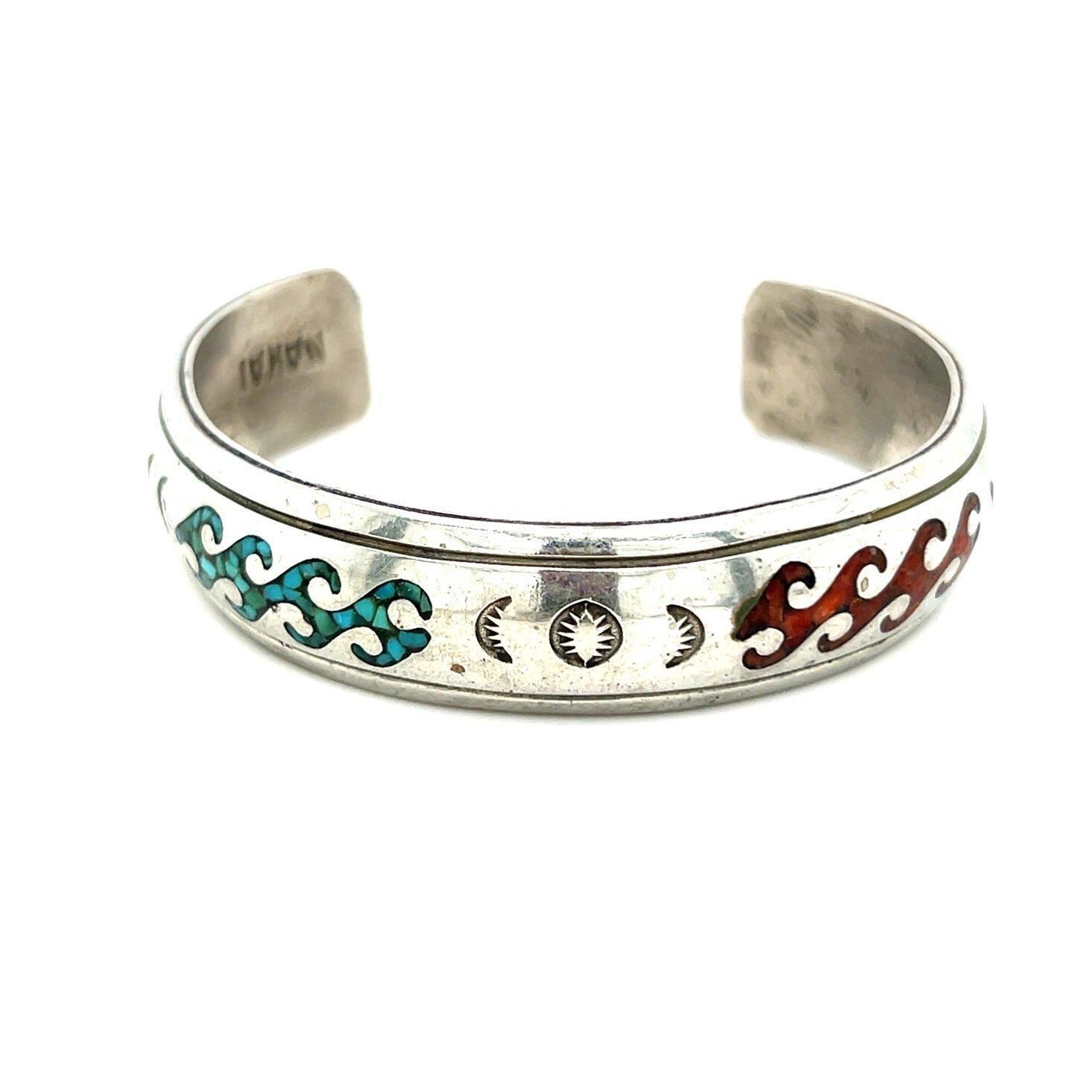 Lovely Silver NAKAI Turquoise/Coral Cuff