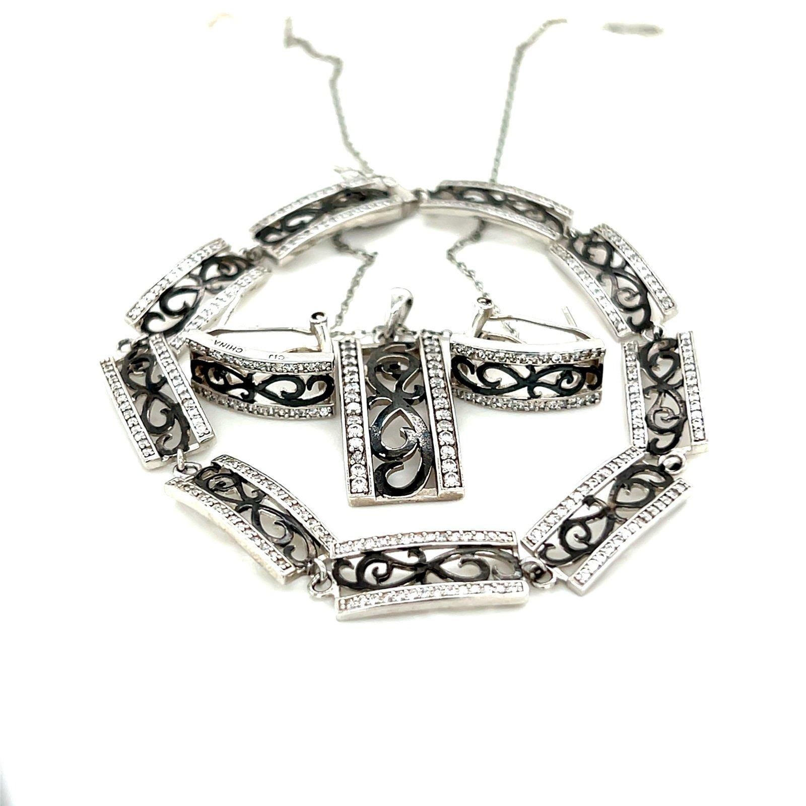 925 Silver Cz Necklace, Bracele925 Silver Cz Necklace, Bracelet and Earrings Set