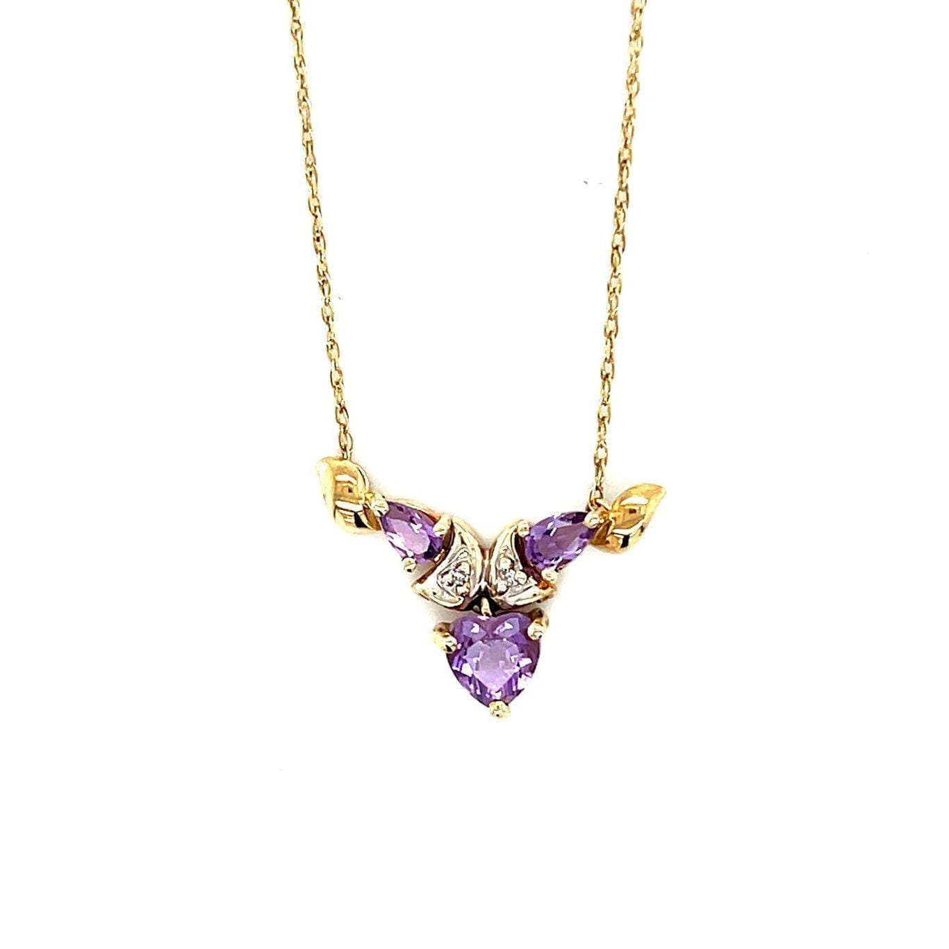 10K Gold 3-Amethysts Diamond Necklace