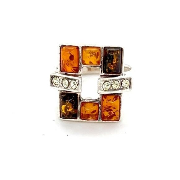 Elegant Silver 925 and Amber Square Ring