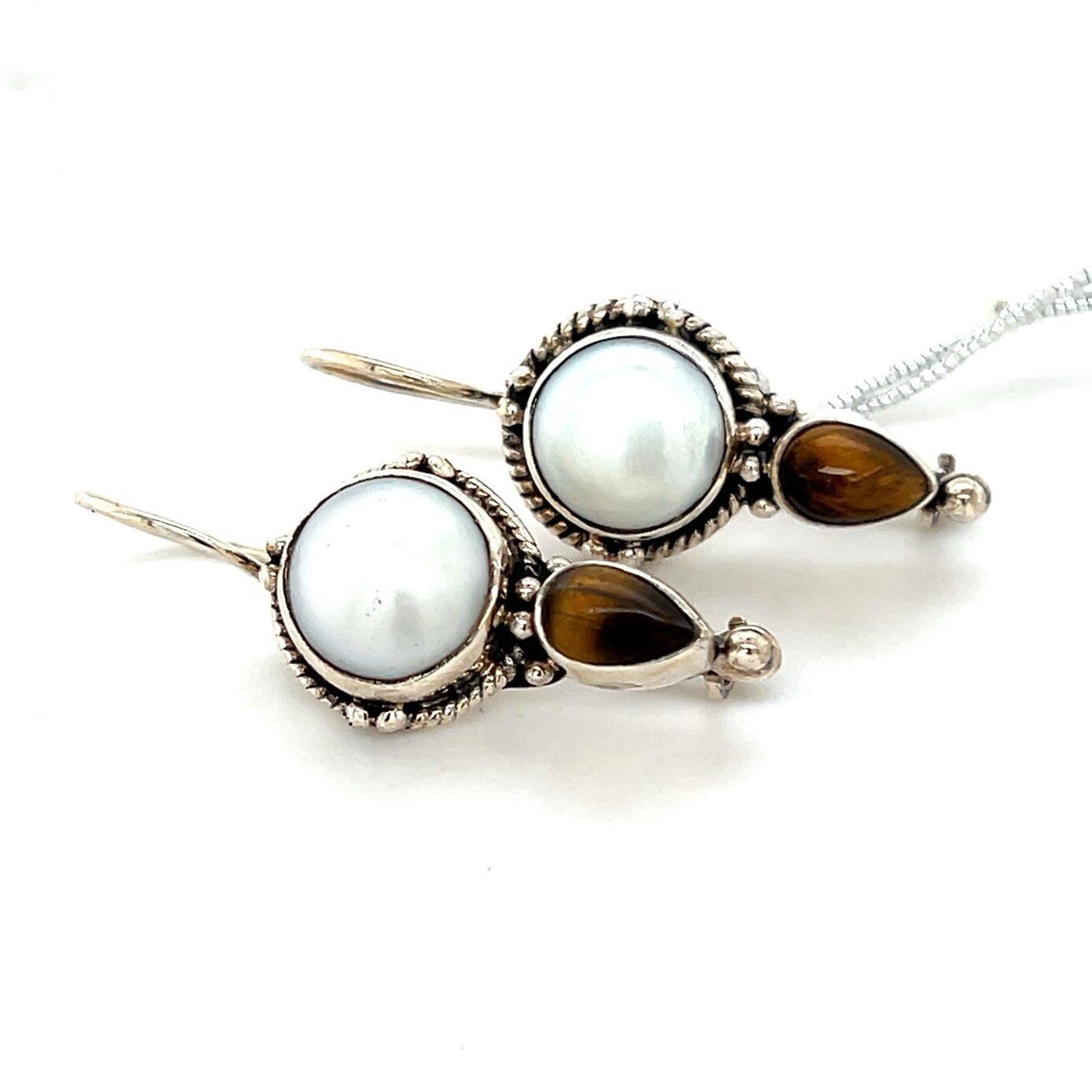 925 Silver Pearl/Tiger Eye Earrings