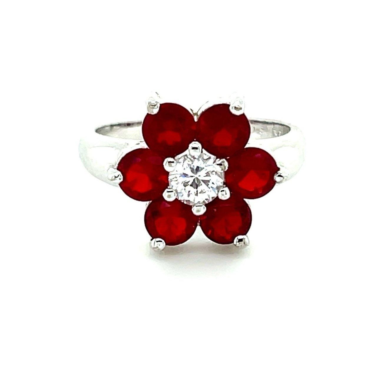 925 Silver Red/White Flower Ring