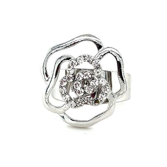 Elegant Silver Tone Floral Adjustable Ring