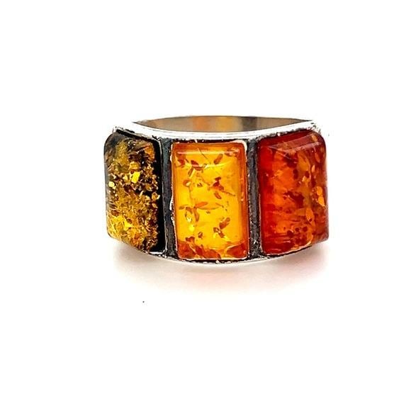 Rectangular Amber Stone Silver 925 Ring