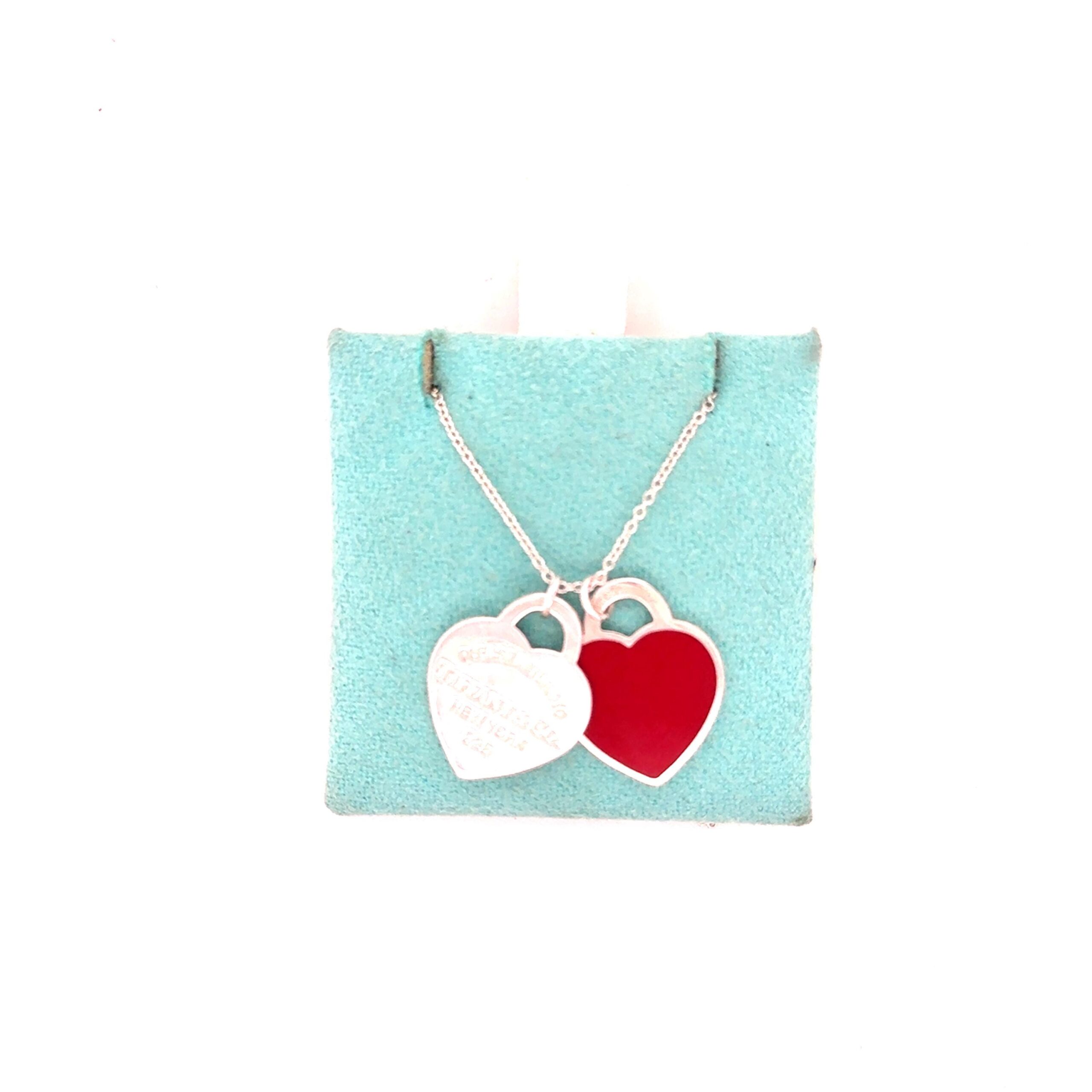 T&Co. 925 Red Enamel and Silver Double Heart Tag Necklace - Small