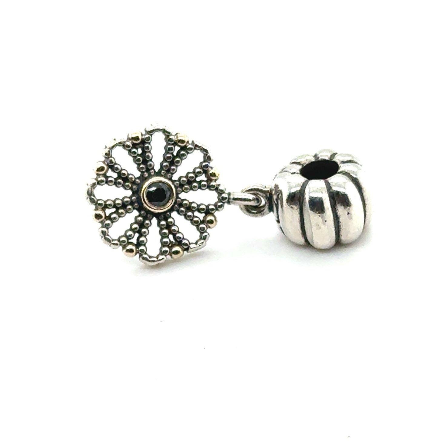 Pandora Two-Tone Onyx Flower Marigold Clip Dangle Charm - Retired