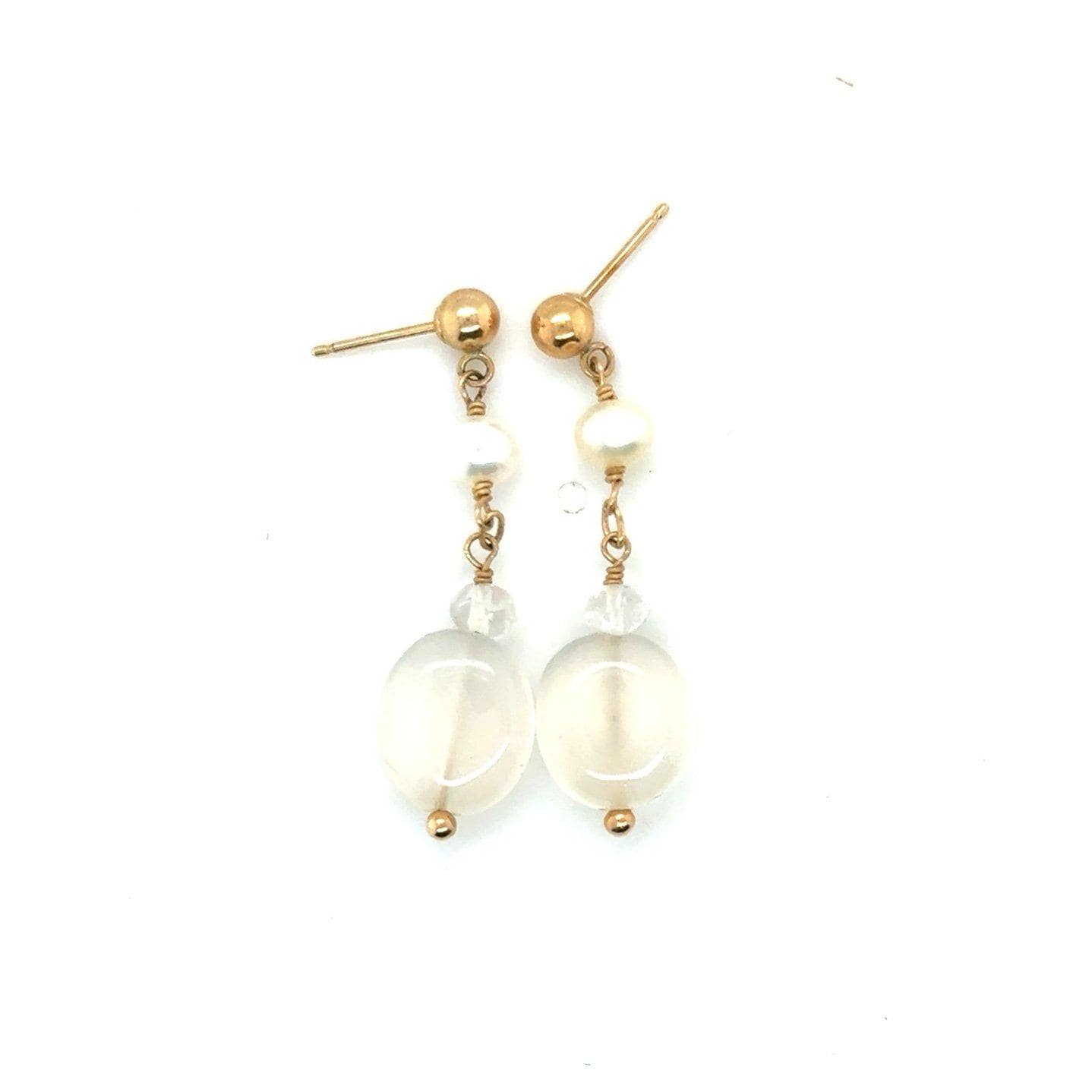 14K Gold White Stone with Pearls Drop Earrings
