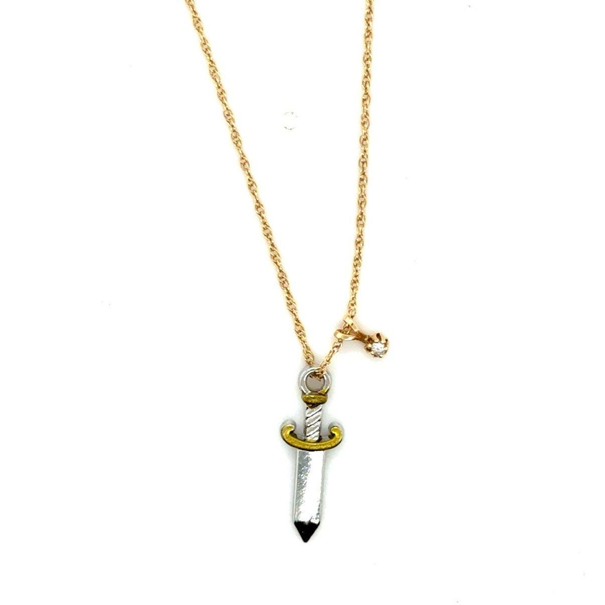14K Gold Tiny Diamond Necklace - Free Dagger Pendant