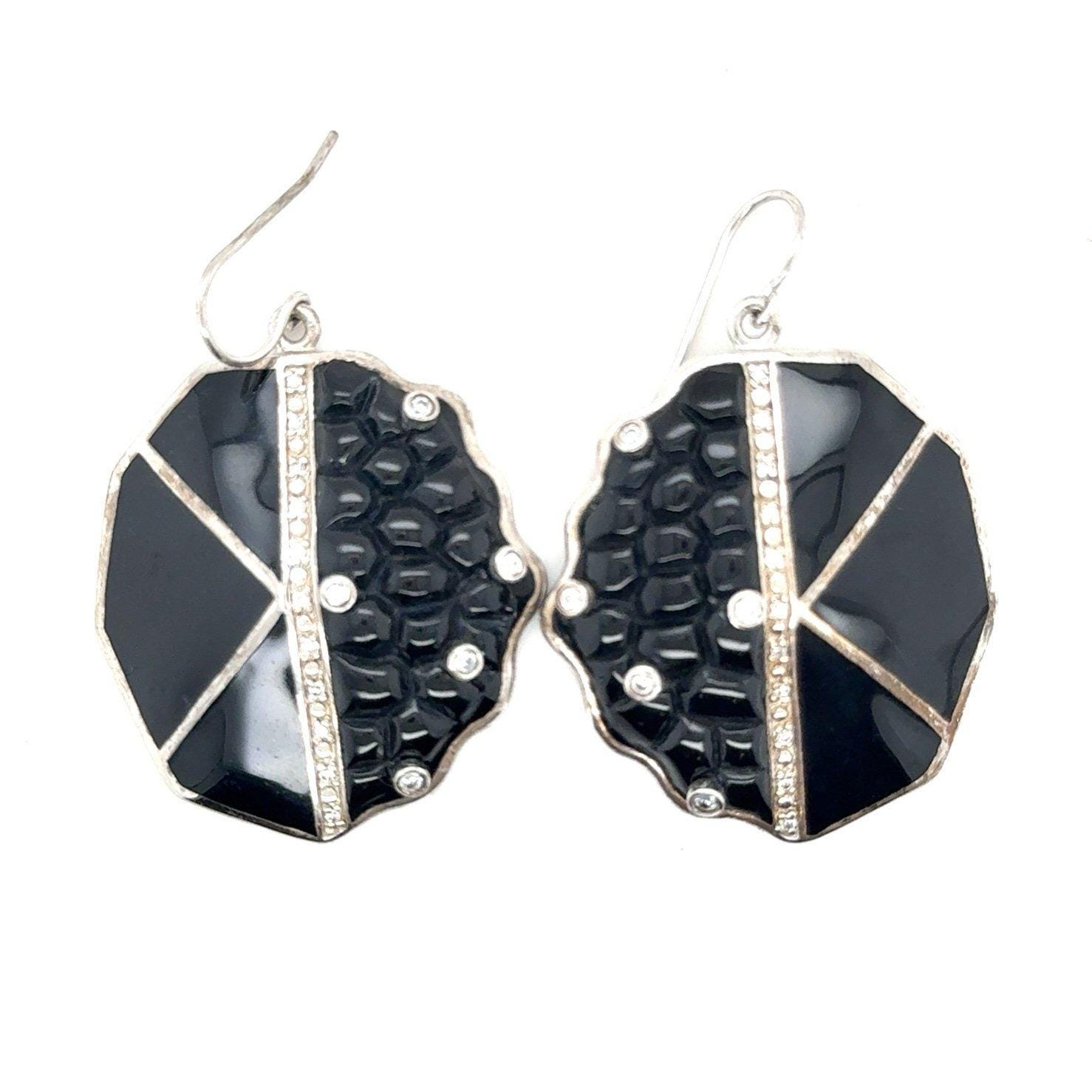 Large Black With White Stones 925 Hook Earrings