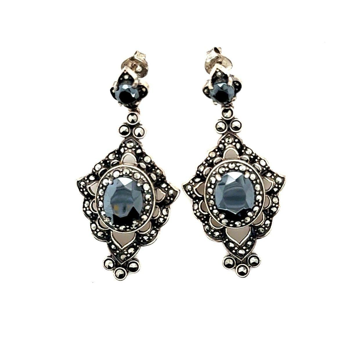 925 Silver Onyx/Marcasite Drop Earrings