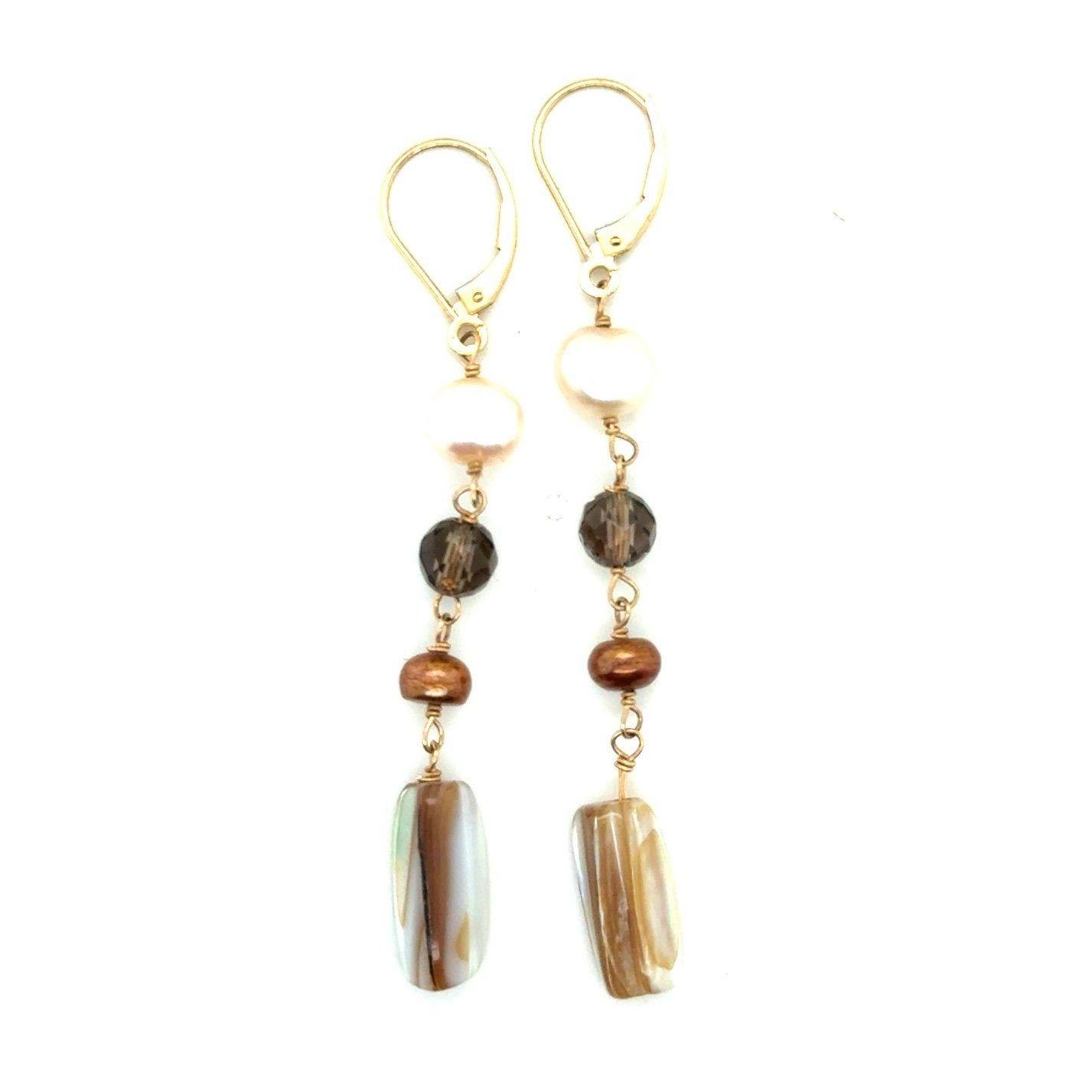 Long 14K Gold Brown Stone with Pearls Drop Earrings