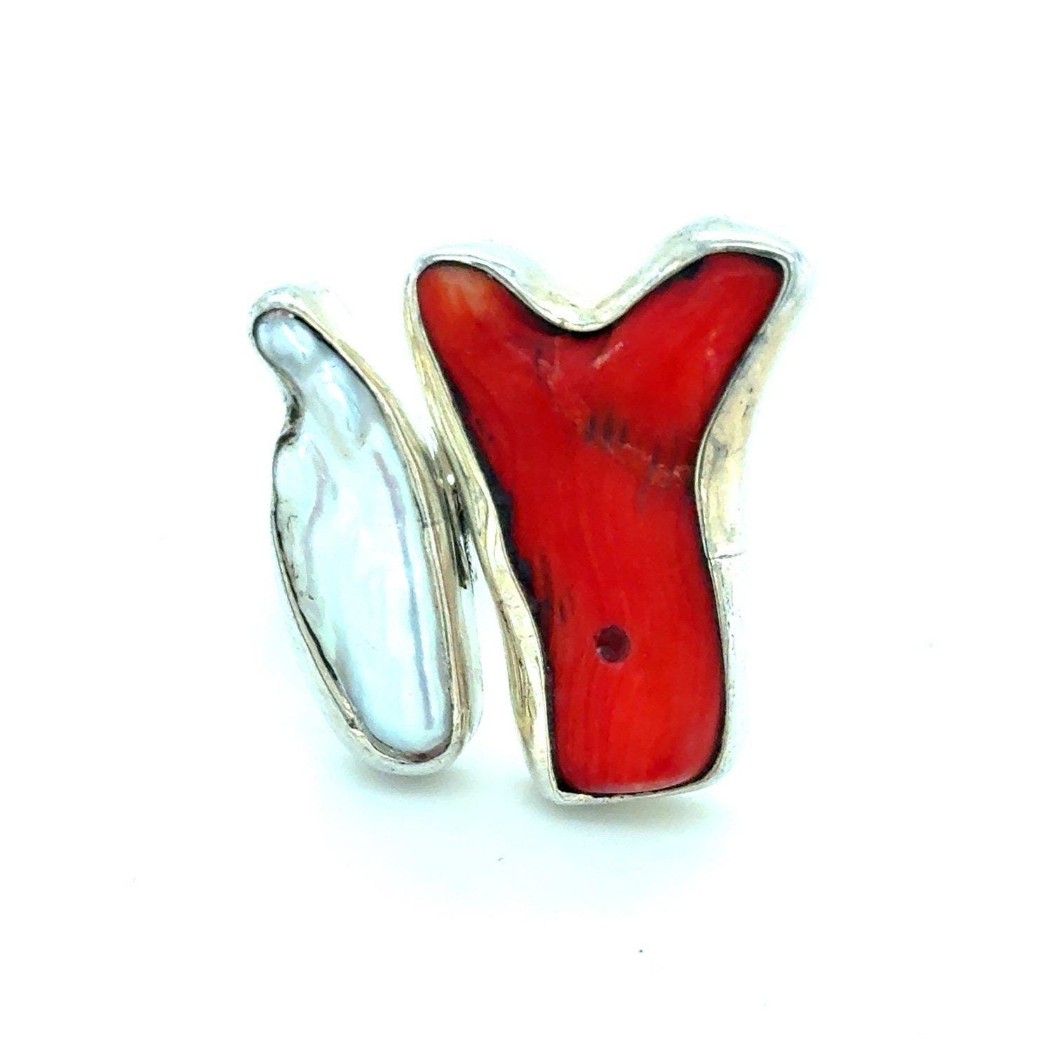 925 Silver Red/White Pearl Ring