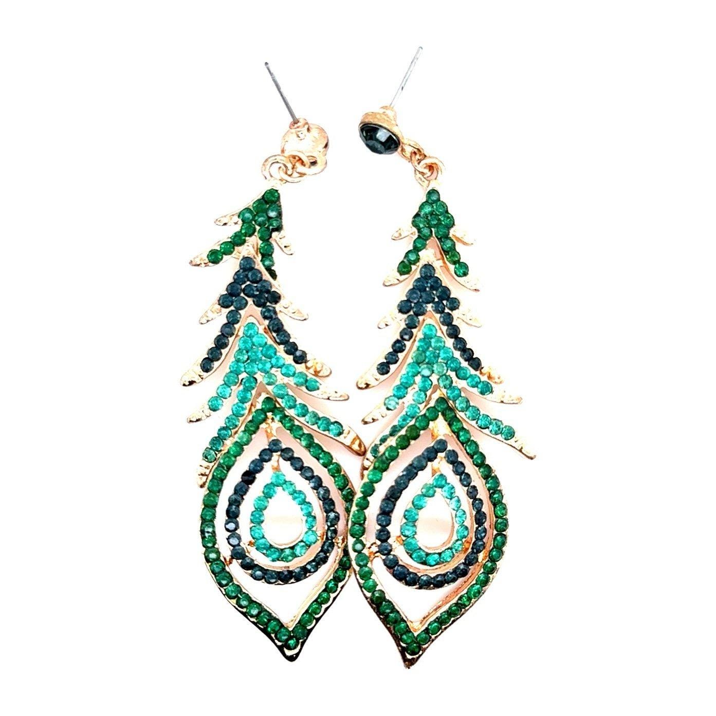 Green Crystals Fish Bone Style Dangle Earrings
