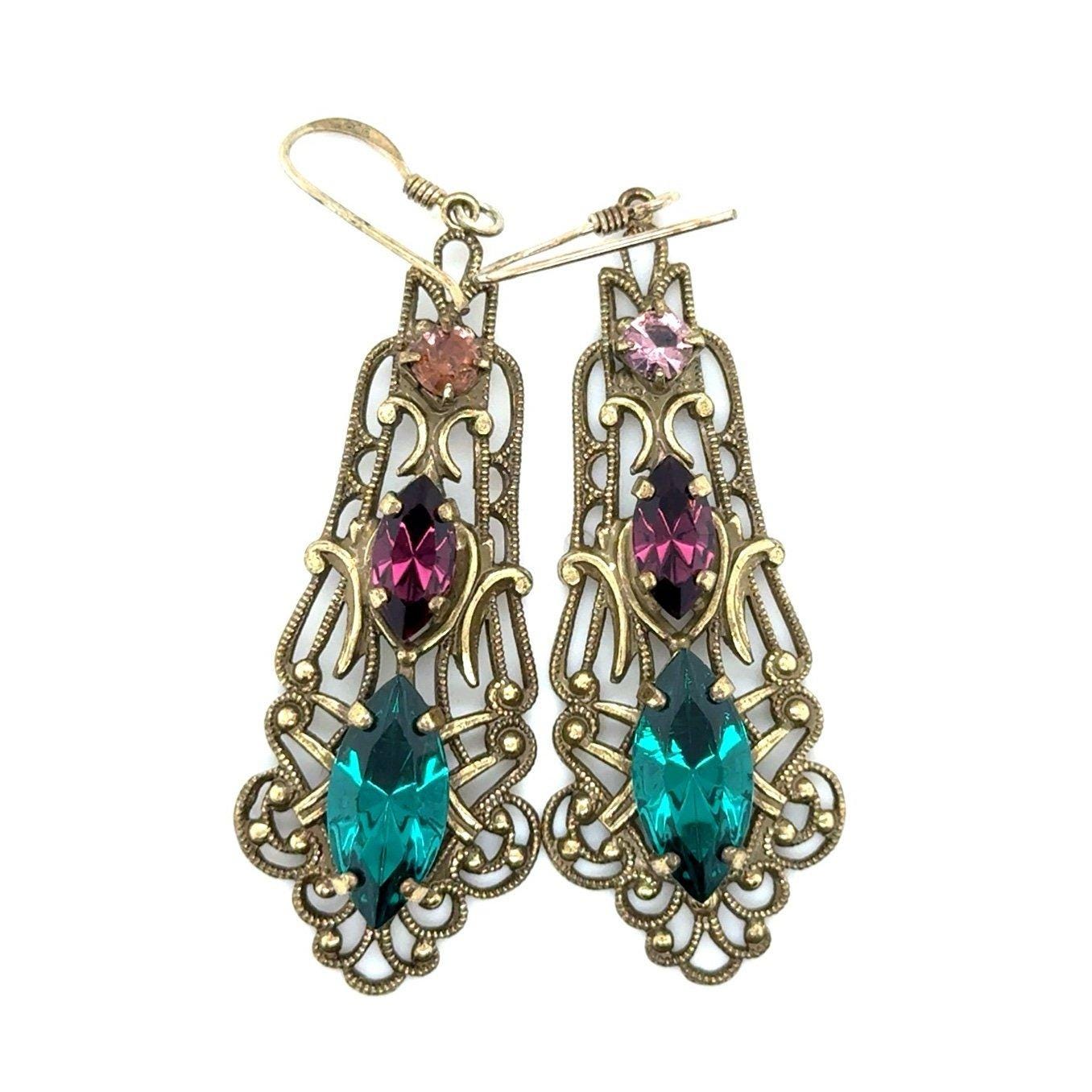 Brass Colored 925 Stamp 3 Stones Earrings