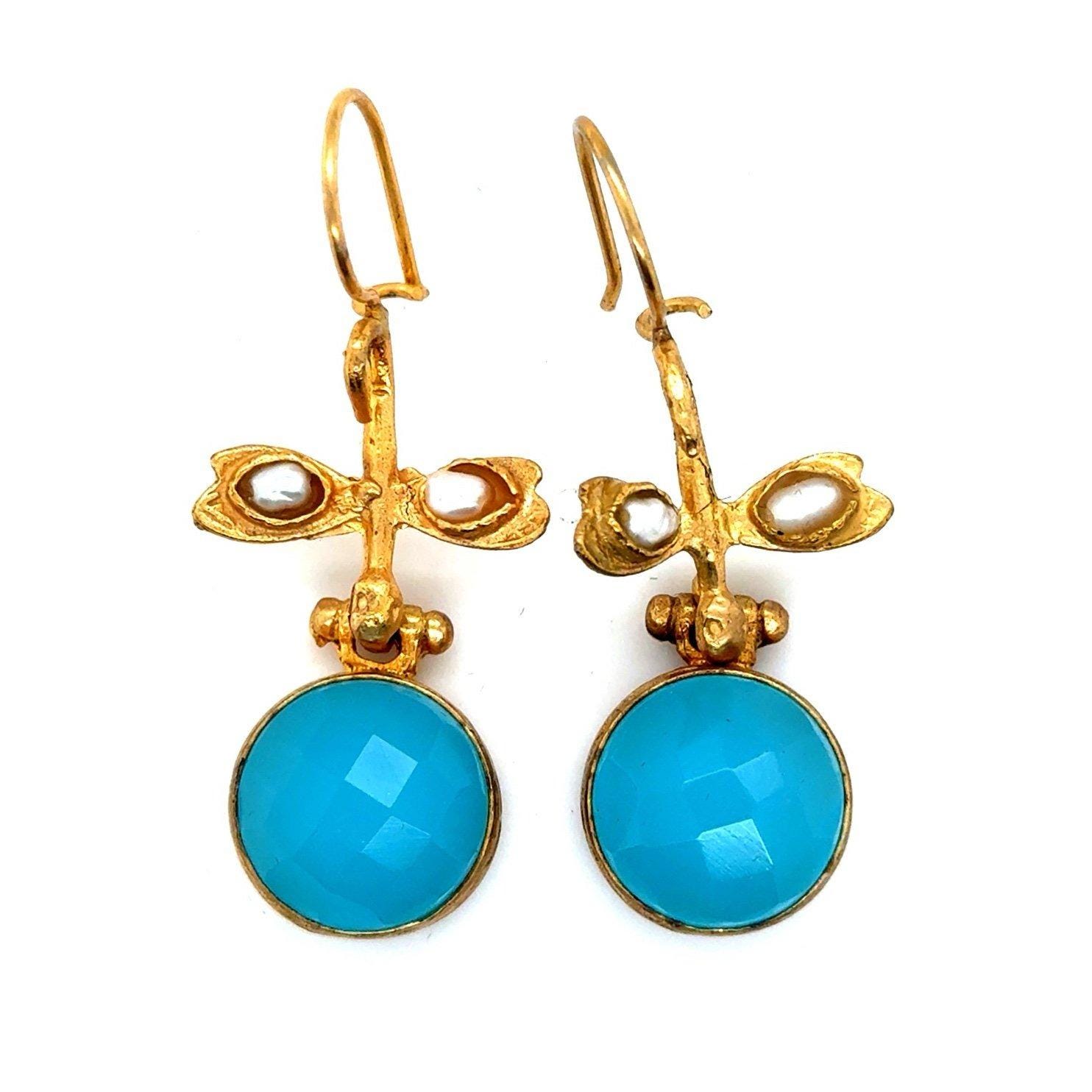 Turkey Gold Blue Stone with Pearls Earrings