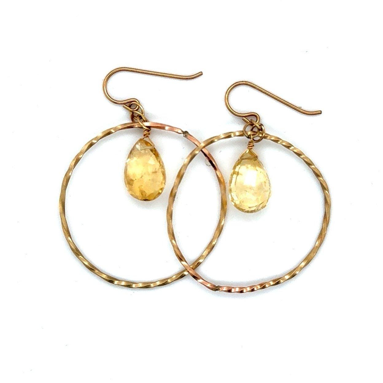 Yellow Briolette Citrine Hoops Dangle Earrings