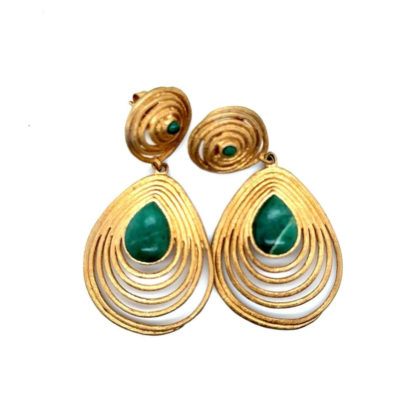Pear Shaped Green Stone Matte Gold Earrings
