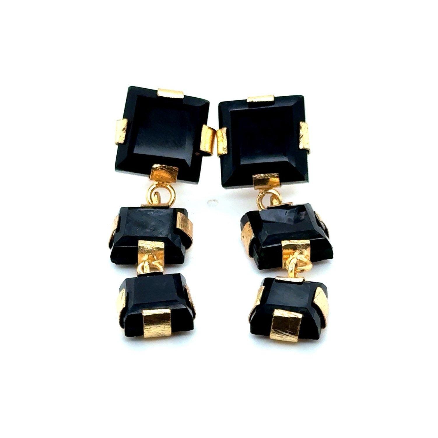 Square Shaped Black Stones Dangle Earrings