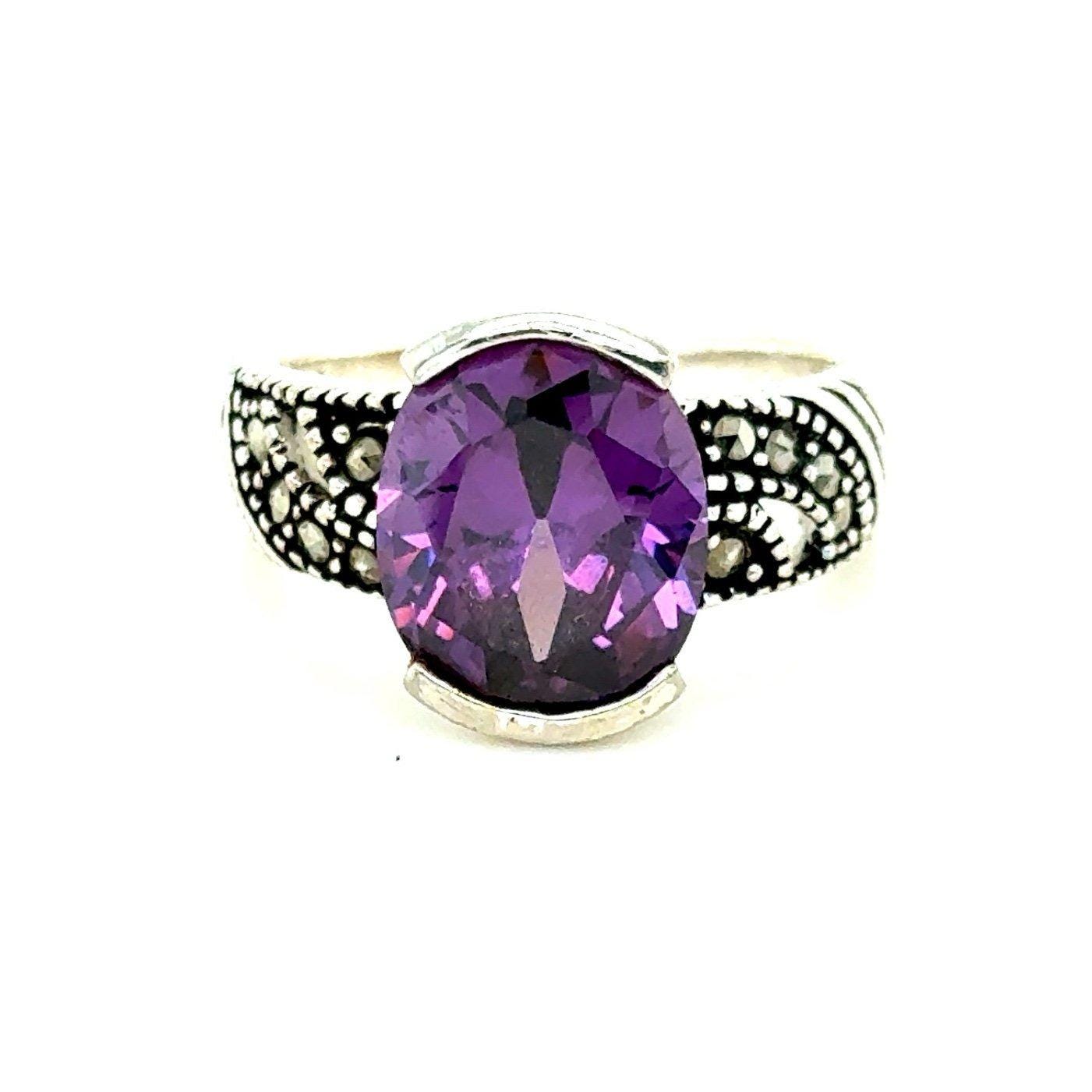 925 Silver Single Amethyst/Marcasite Ring